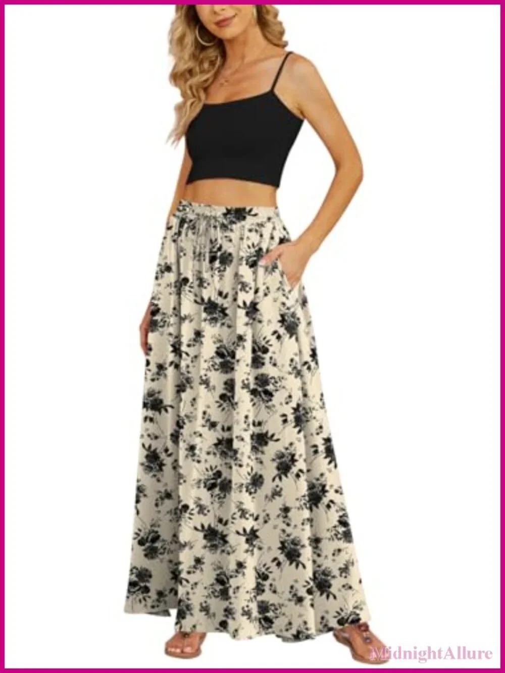Flowy Maxi Skirt Pleated High Waisted Long Skirt with Pockets